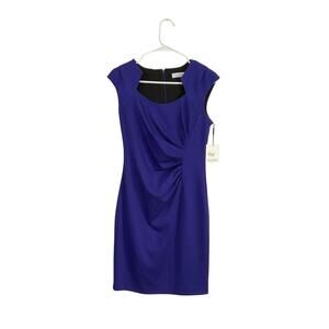 NWT Calvin Klein Blue Byzantine Side Ruched Cap Sleeve Sheath Dress Size 6 Small